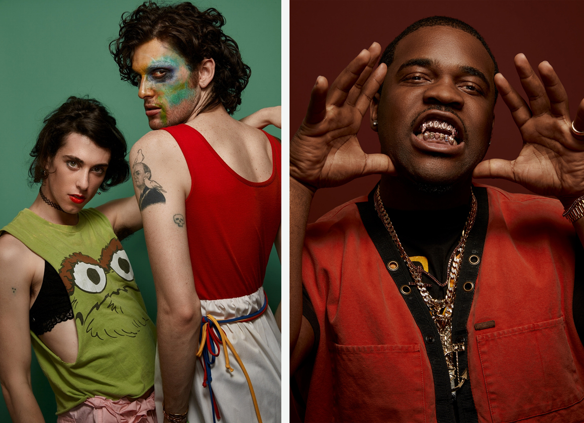 A diptych of photos by Michael Thad Carter of musicians PWR BTTM (left) and A$AP Ferg (right).